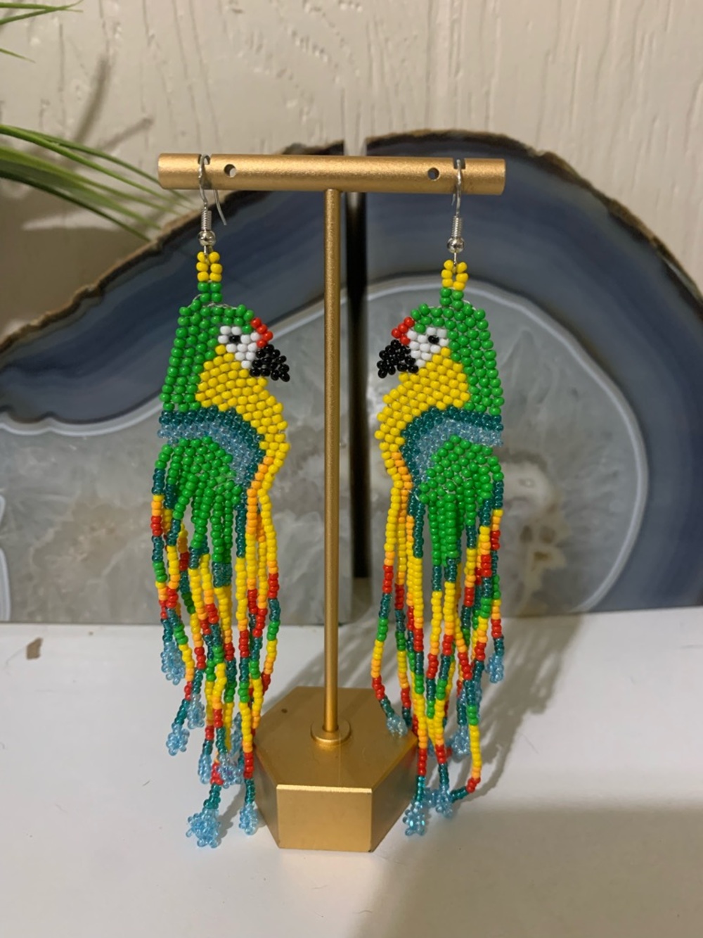Colorful Handcrafted Parrot Beaded Fringe Earrings - Green & Yellow